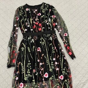 Floral Embroidered Black Mesh Dress